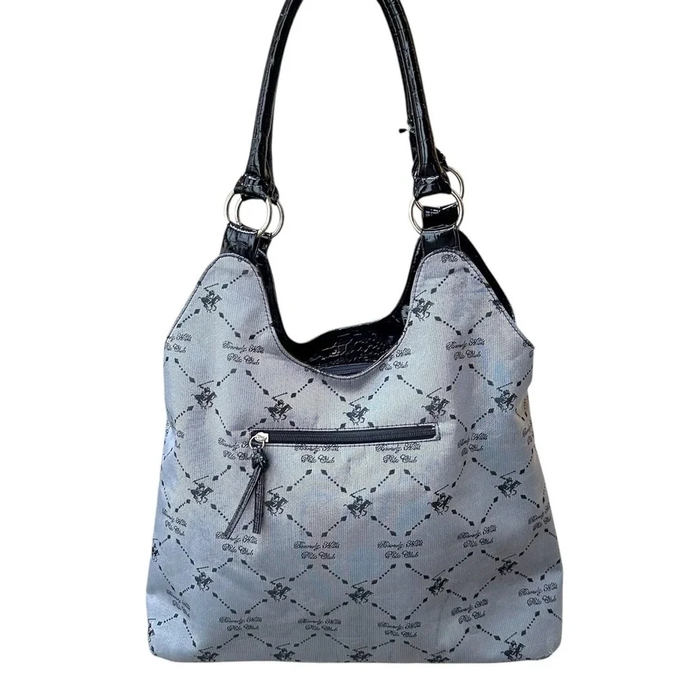 Beverly Hills Polo Club Womens Shoulder Bag Grey Black Monogram Studded Purse